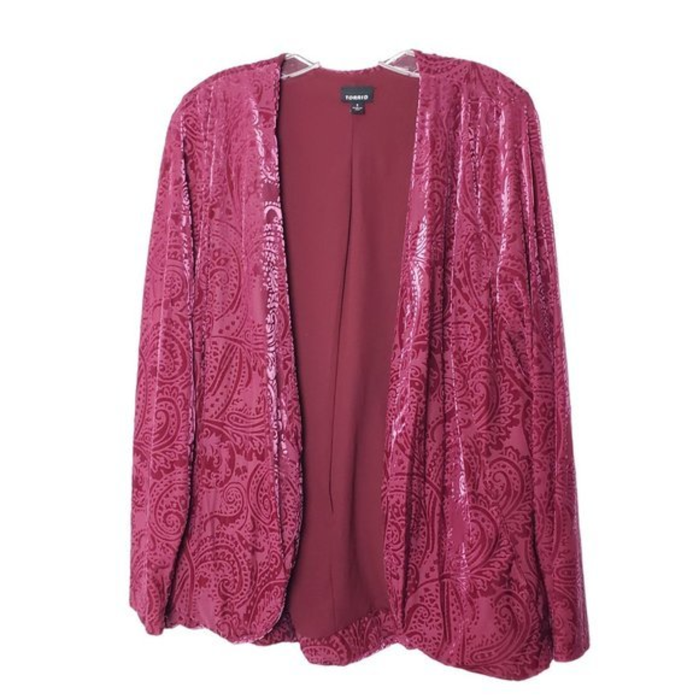 Torrid Women's Plus‎ Size 1 Red Burnout Open Front Paisley Velvet Blazer
